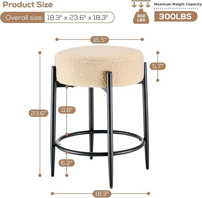 Dining Room Chairs Set of 6, 23.6" Sherpa Backless Beige Boucle Dining Chair with Black Metal Legs, Mid Century Modern Living Room Round Upholstered Chairs