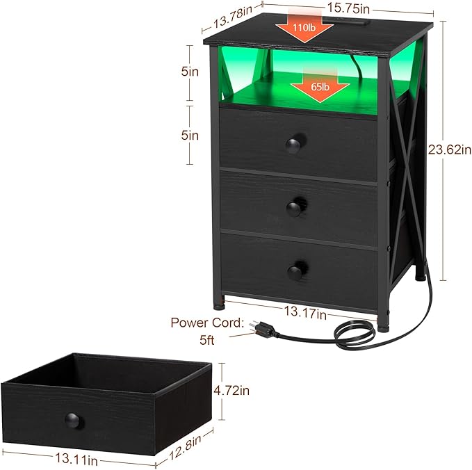 AMHANCIBLE Night Stand Set 2, LED Nightstand with Charging Station, End Side Tables with USB Port & Outlet, Bedside Table with Fabric Drawers for Bedroom Living Room, Black, HET053LBK