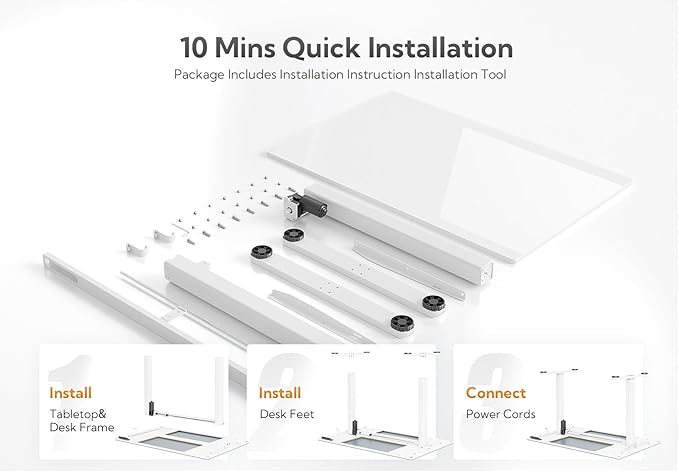 Claiks Glass Standing Desk, 48x24 Inch White Standing Desk Adjustable Height Electric Stand Up Quick Install for Computer Desks, Super White