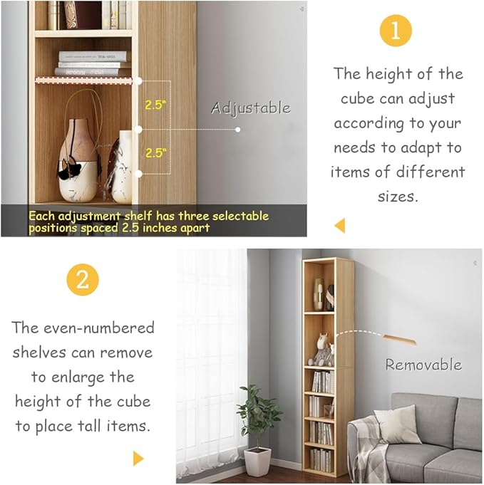 IOTXY Small Narrow Corner Bookcase - 47 Inches Tall Gap Freestanding Storage Cabinet, 4 Lattices Open Shelves Tower Rack with Door, Cubes Bookshelf in White