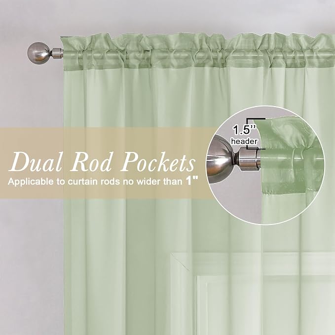 Lecloud Light Green Sheer Curtains 84 Inches Long 2 Panels Set, Airy Voile - Image 2