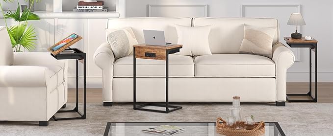 C Shaped End Table with Charging Station, 45° Tiltable Adjustable Flip Top Table with Storage,Small C Table for Small Spaces,Slide Under Couch Sofa Bedside Table for Living Room,Rustic Brown