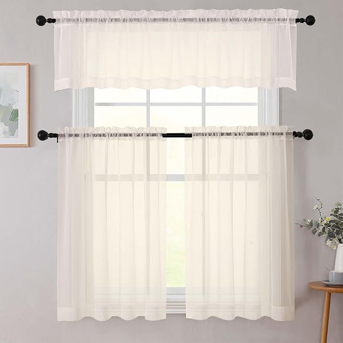 Kitchen Curtains 24 Inch Length Tier 2 Pieces, Cream Sheer Curtain Solid Soft - Image 8