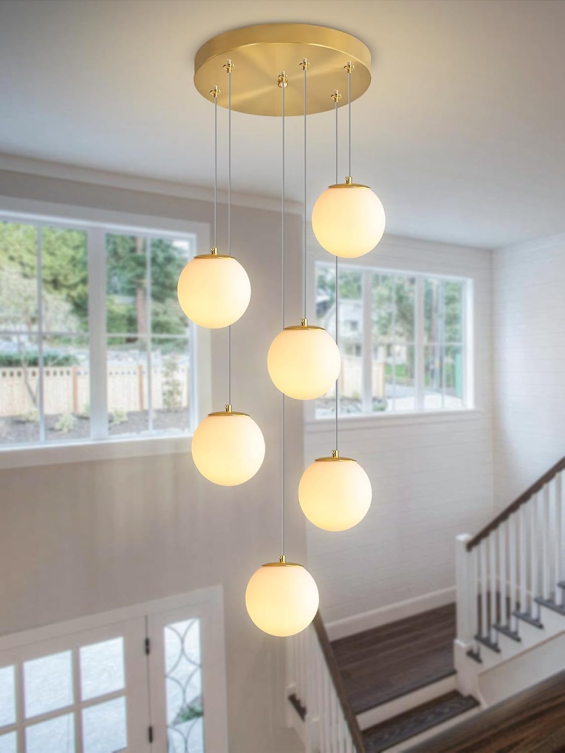 H 87in Globe Pendant Light 6-Lights Modern Hanging Chandelier for Kitchen Island Mid Century Globe Chandelier Milk White Glass Pendant Lighting for Living Room Bedroom Entryway