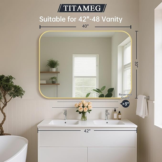 30x40 Inch Bathroom Mirror for Wall,Gold Framed Rectangle Mirror with Rounded Corner,Aluminum Alloy Framed Brushed Wall Mirror for Bedroom or Living Room,Vertical or Horizontal