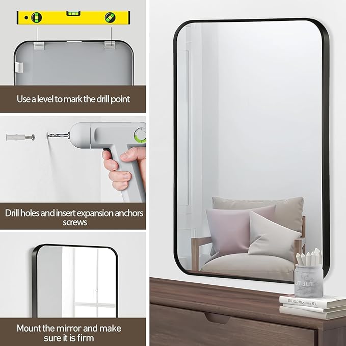 Black Bathroom Mirror, 30x36 Inch Matte Black Mirror, Aluminum Alloy Framed Vanity Mirror, Rounded Rectangle Bathroom Mirror for Over Sink, Anti-Rust Wall Mirror (Horizontally or Vertically)