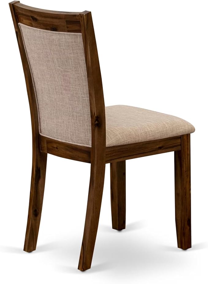F3MZ5-50N-04 5-Pc Dining Room Set consists of a Pedestal Kitchen Table and 4 Light Tan Polyester Chairs with Padded Back - Antique Walnut