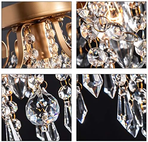 Q&S Mini Chandelier Crystal Ceiling Light, Small Flush Mount Gold Light Fixture - Image 4