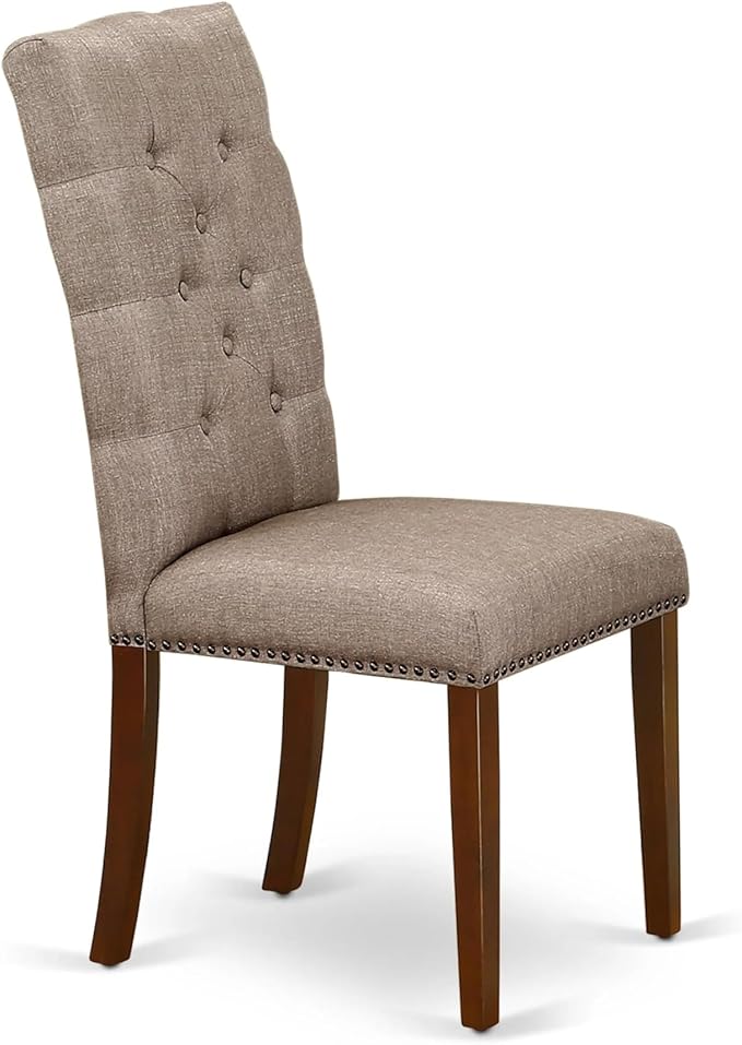 East West Furniture ELP3T16 Elsa Parson Dining Chairs - Button Tufted Nailhead Trim Dark Khaki Linen Fabric Upholstered Chairs, Set of 2, Mahogany