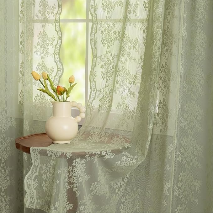 YJ YANJUN Vintage Lace Curtains 54 Inch Length-Victorian Floral Pattern Sage - Image 4