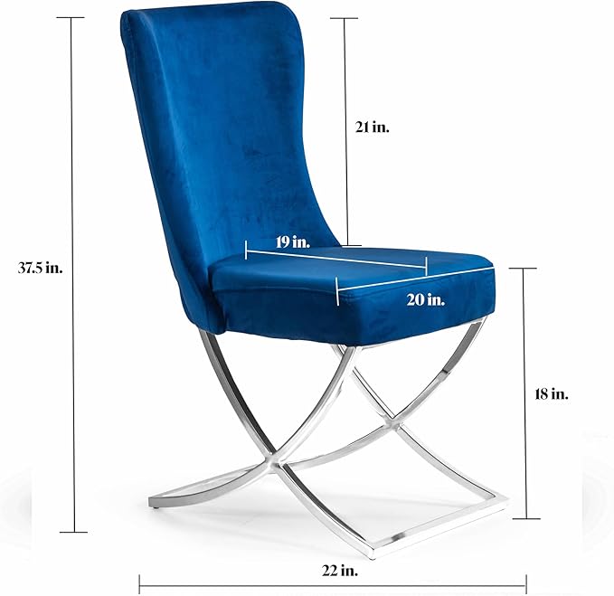 Ottomanson Royal Dining Chairs Set of 2 – Upholstered Tufted Microfiber, Assembled, Silver Metal Legs, Beech Wood Frame, 350 lb Capacity, Blue