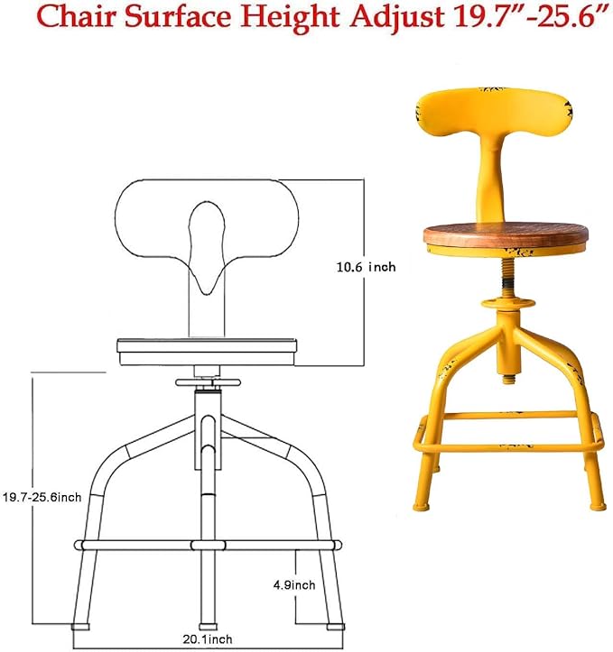Topower Farmhouse Kitchen Stool, Industrial Counter Stool, Kitchen Deco Round Seat Standard Height Adjustable Swivel Bar Stools with Backrest Indoor House Design Iron Backrest Antique Yellow Set of 2