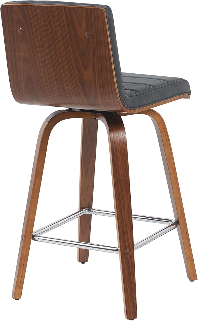 Armen Living Vienna Modern Swivel 26" Counter Height Barstool with Vintage Black Faux Leather and Walnut Wood Finish