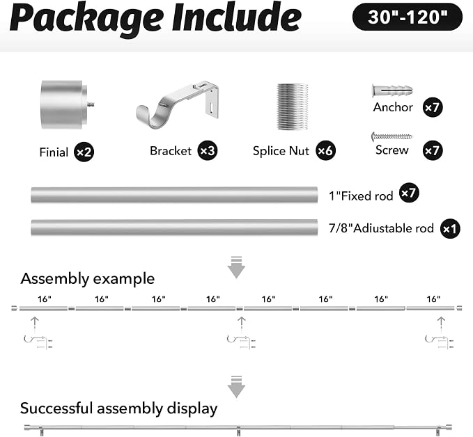 GEEBOBO Silver Curtain Rods for Windows 66 to 120 Inch, 1 Inch Adjustable Heavy - Image 6