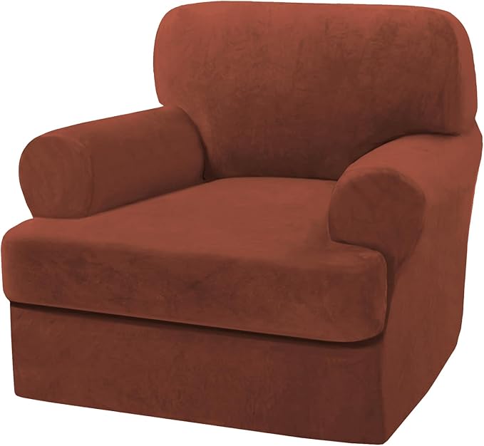 H.VERSAILTEX Sofa Cover 2 Piece T Cushion Armchair Slipcovers Thick Velvet Couch Cover Stretch T Cushion Sofa Covers for 1 Cushion Couch with 1 Individual T Cushion Covers Washable, Rust