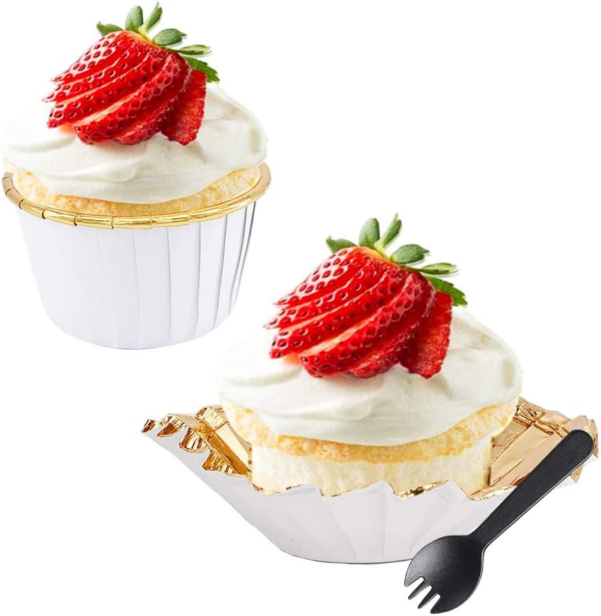 Cupcake Liners with Dome Lids 100Pack, Free-Air 3.5Oz Mini Foil Baking Cups Muffin Liners, Disposable Ramekins Cupcake Tins Cupcake Wrappers for Wedding Birthday Party, with Spoons-White in Gold