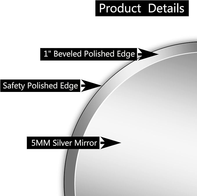 36" Frameless Beveled Round Mirror with 1" Edge for Bathroom, Entryways, Vanity, Wall Decor