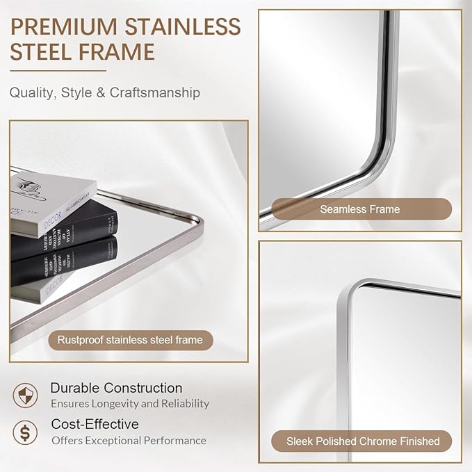 ANDY STAR 40x36 Inch Chrome Bathroom Mirror, Chrome Vanity Mirror for Wall, Rounded Rectangle Mirror, Anti-Rust SUS304, Seamless Tube Metal Frame, 1’’ Deep Wall Mounted Vertically/Horizontal