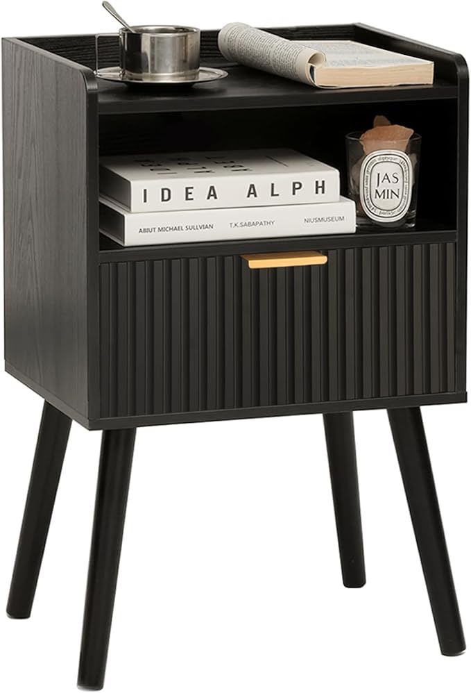 AWASEN Black Fluted Nightstand, Modern Bedside Table with Storage Drawers, Small Night Stand Bed Side Table with Solid Wood for Living Room, Bedroom, Office and Small Space (Black)