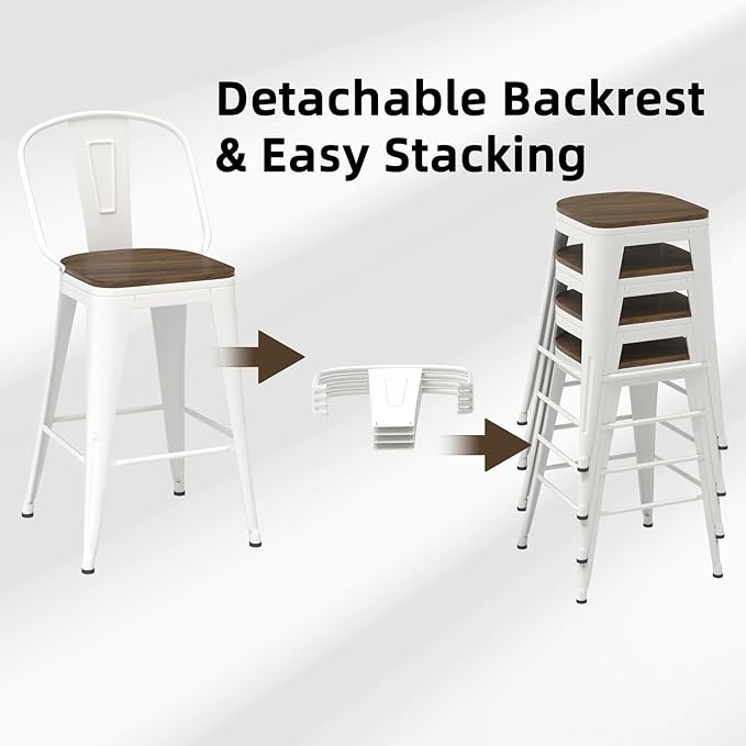30” Swivel Bar Stools Set of 4, Counter Height Bar Stools Wooden Seat, Metal Industrial Bar Chairs with High Back for Kitchen Island (White)
