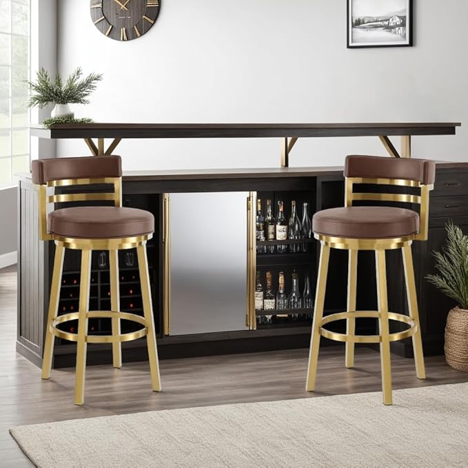 Armen Living Madrid 30" Seat Height Swivel Modern Vintage Coffee Faux Leather and Gold Brushed Stainless Steel Bar Stool for Kitchen Island Counter
