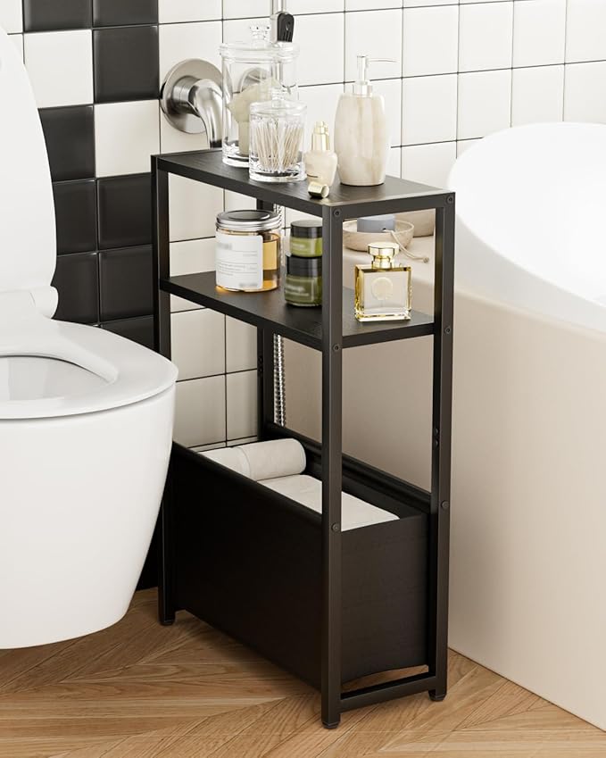 Narrow Side Table End Table, 3-Tier Side Table with Storage Bag, Narrow Nightstand for Small Spaces, Bedside Table for Living Room, Bedroom, Black