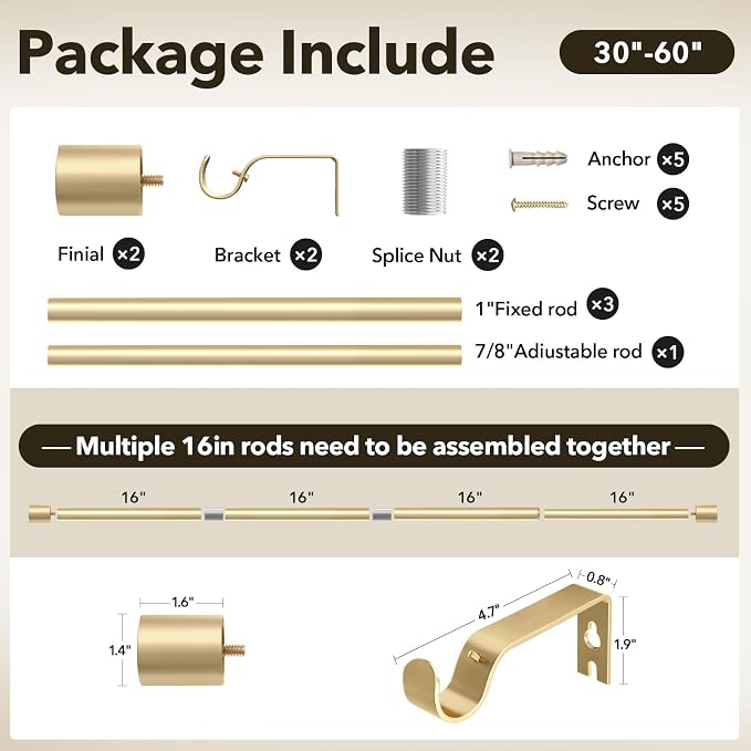 IFELS Heavy Duty Curtain Rods for Windows 28 to 48 Inch, 1 Inch Gold Curtain - Image 6