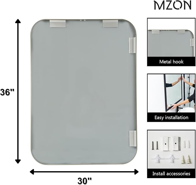 MZON 30x36Inch Brushed Nickel Bathroom Mirror, Large Rectangle Wall Mirror for Bathroom or Living Room, Anti-Rust Frame & Tempered Glass, Horizontal/Vertical Mount - Timeless&Elegance Wall Decor