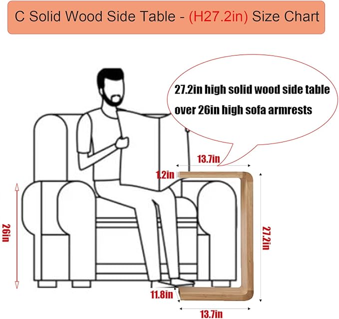 C Shaped End Table, Solid Wood C Side Table for Couch Sofa and Bed, Sofa Tables That Slide Under for Space Saving, Small Snack C Tables for Living Room Bedroom (H 27.2″ - Black, 1)