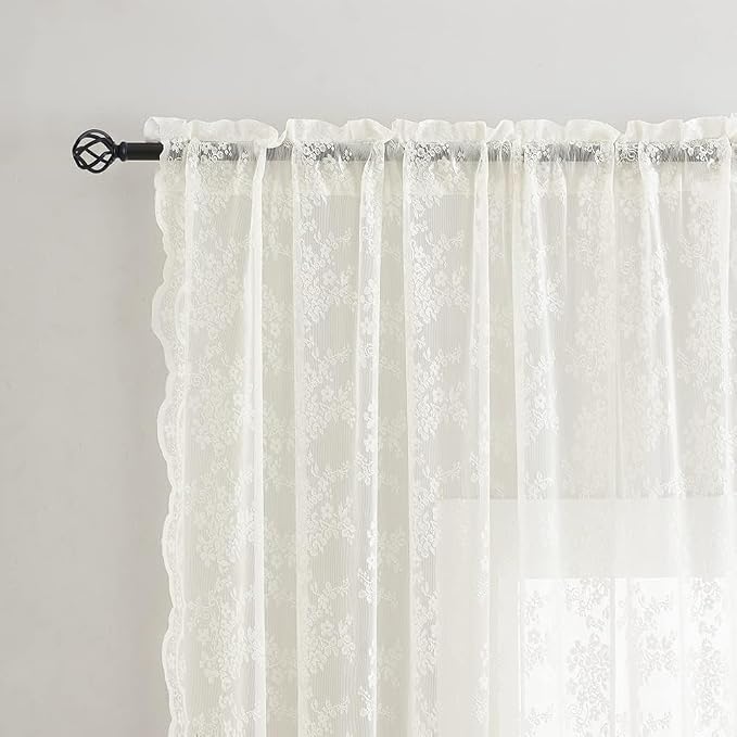 YJ YANJUN Vintage Lace Curtains Cottage Floral Cream Sheer 94 inch Curtains 2 - Image 2