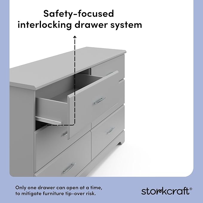 Storkcraft Brookside 6-Drawer Dresser (Pebble Gray) – GREENGUARD Gold Certified, Nursery & Kids Storage, Nursery Essentials, Kids Room Storage, Durable Bedroom Dresser