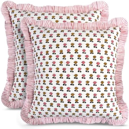 CPC Rosette Bloom Block Print Ruffle Pillow Cover 18x18 Inch by COTTONPRINTCLUB
