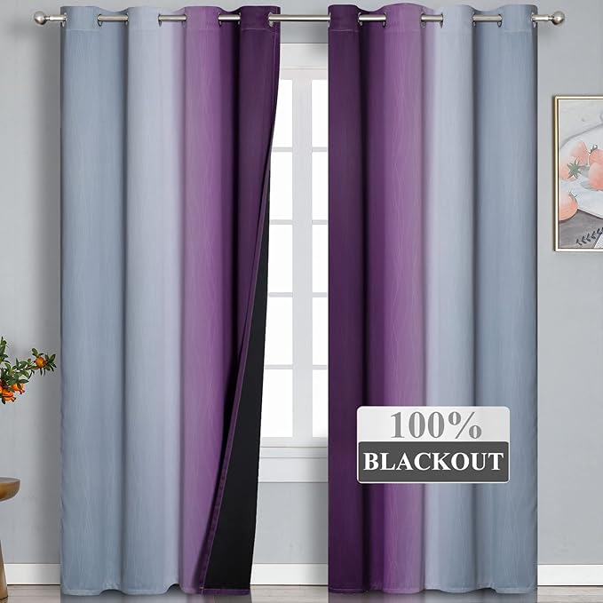 Estelar Textiler Purple and Grey Ombre Blackout Curtains 102 Inches Long - Image 2