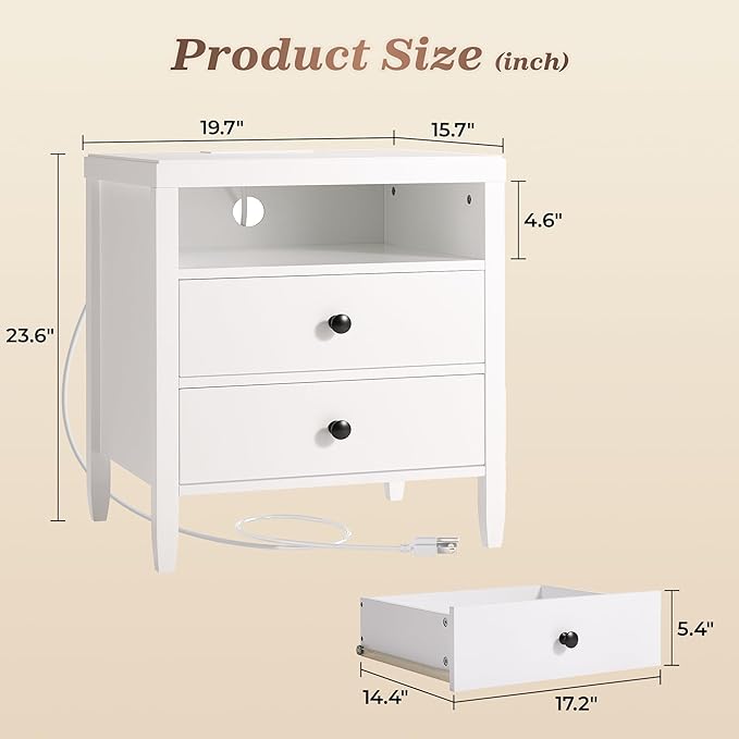 Huuger White Nightstand Set of 2, Night Stand with Charger Station, Bedside Table with 2 Drawers, Bed Side Tables for Bedroom, Modern Nightstands, Metal Knobs, Painted Surface