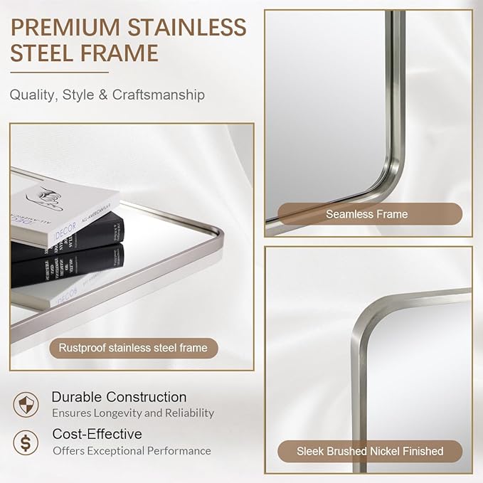 ANDY STAR 40x36 Inch Brushed Nickel Bathroom Mirror, Rounded Rectangle Bathroom Vanity Mirrors for Wall, Anti-Rust SUS304, Seamless Tube Metal Frame, 1’’ Deep Wall Mounted Vertically/Horizontal
