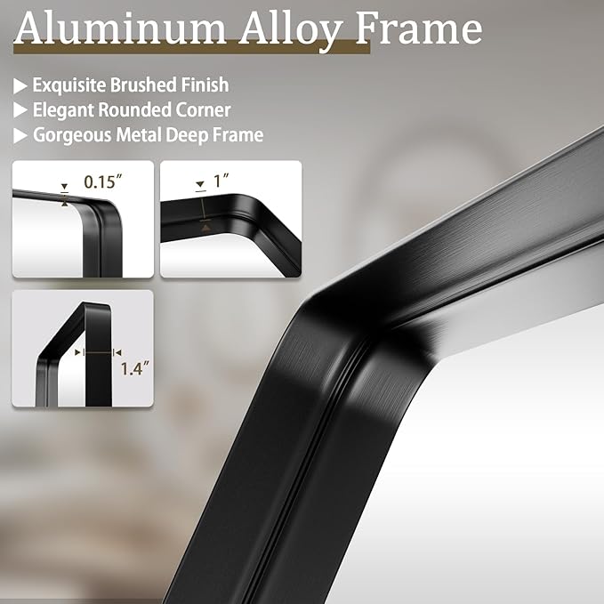 Bathroom Mirror 30x48 inch, Black Gorgeous Deep Frame Wall Mirror, Modern Round Corner Bathroom Vanity Mirror for Bedroom, Living Room, Hanging or Leaning Horizontal or Vertical, Black
