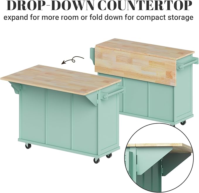 Rovibek Rolling Kitchen Island with Drawer, Kitchen Island Cart with Storage, Portabl Island for Kitchen with Large Storage Cabinet, Shelf and Drawer, 53 Inch Width, Green