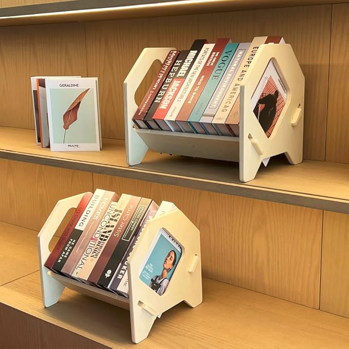 2 Pack Desktop Bookshelf, Stackable Book Organizer with Handle, Storage Rack for CD/Magazine/File Folder, Portable Small Bookshelf for Study, Living Room, Kid's Room, No Nails, Medium Size