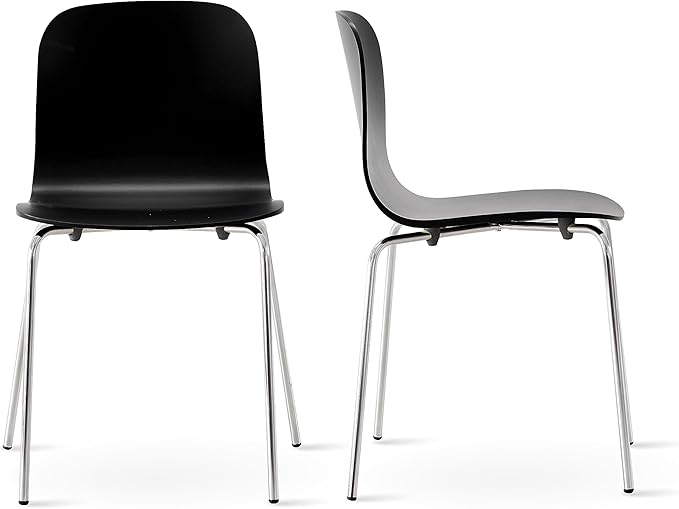 Livinia No.10 Mid-Century Modern Wooden Dining Chairs Set of 2, Contemporary Bentwood Kitchen Interior Armless Chairs with Steel Legs (Black)