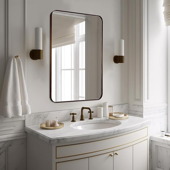 24x36 Inch Brushed Bronze Bathroom Mirror for Wall, Metal Framed Rectangle Mirror with Rounded Corner, Bathroom Vanity Mirror in Aluminum Alloy, Hangs Horizontally or Vertically
