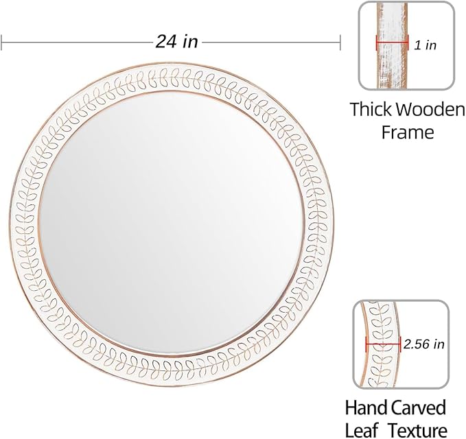 24 inch Round Rustic Wooden Mirrors, Distressed Circle Mirror for Bathroom, Bedroom, Living Room, Entryway, Fireplace, Hall