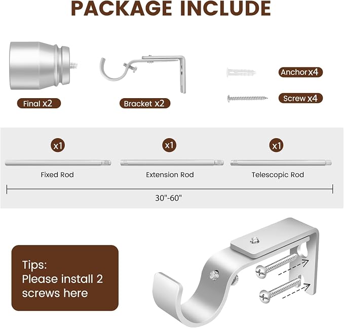 1” Diameter Silver Curtain Rod Itself is 30-60 inch 1 Pack, Fit 30 to 54 Windows - Image 2