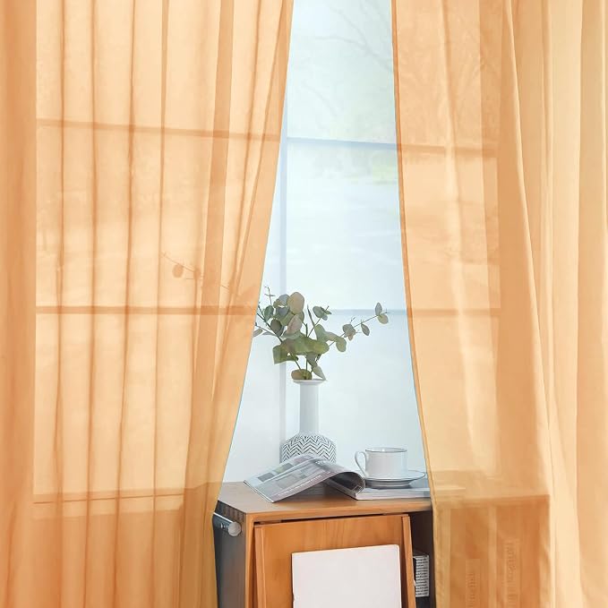 youleyar Solid Sheer Rod Pocket Curtain Voile Draperies 2 Panels White Beige - Image 3