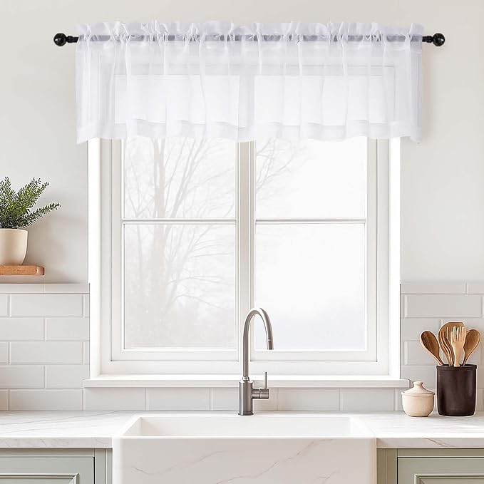 White Valances for Windows 14 inch Length 2 Panels Set, Small Voile Sheer by Home
