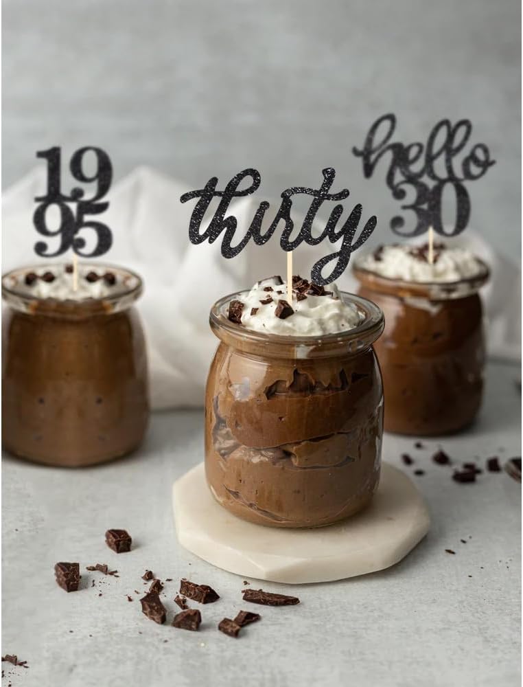 24 Pcs Black Glitter 30th Birthday Cupcake Toppers for 30th Anniversary Birthday Party Wedding Party Decorations