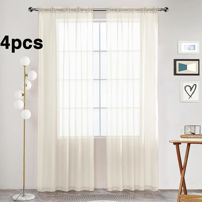 SpaceDresser Ivory Sheer Curtains 4 Panels Rod Pocket Semi-Sheer Curtain 90 - Image 2