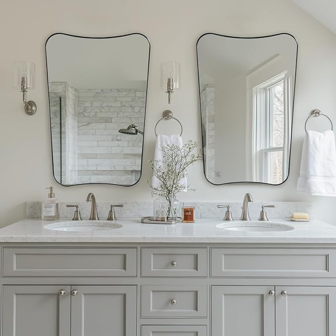 ANDY STAR 26x38 Inch Bathroom Mirror, Brushed Nickel Asymmetrical Mirror, Large Decorative Mirror, Modern Bathroom Mirror with Sophisticated Design, Wall Mount Vertically Only