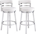 Armen Living Madrid 26" Seat Height Swivel White Faux Leather and Brushed Stainless Steel Bar Stool for Kitchen Island Counter, Set of 2