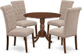 East West Furniture DLBR5-MAH-04 5 Piece Dining Room Furniture Set Includes a Round Dining Table with Dropleaf and 4 Light Tan Linen Fabric Upholstered Chairs, 42x42 Inch, Mahogany