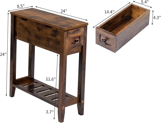 Chairside Table with Charger,Cherry End Table with Movable Top and Charging Station, Narrow Side Table with Storage Cabinet and USB, Sofa Table for Living Room Bedroom